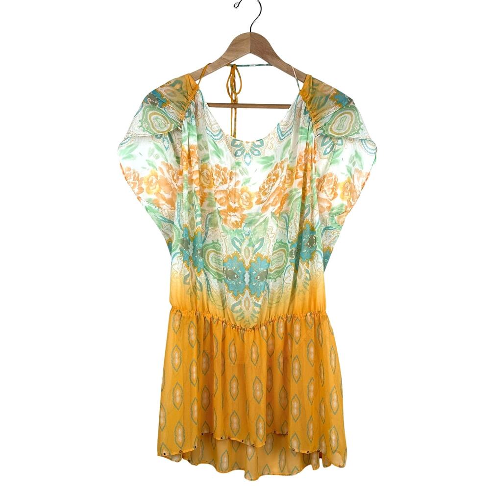 Free People Floral Paisley Tunic Top Mini Dress Large Boho Sheer Resort Summer